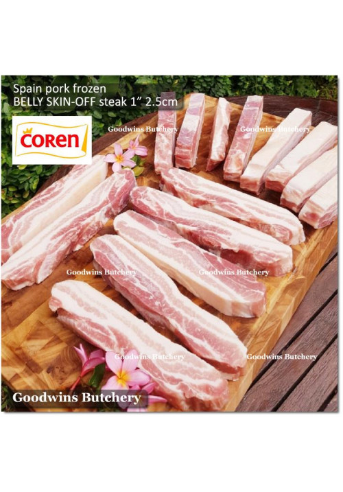 Pork BELLY SKIN OFF samcan frozen Spain COREN DUROC SELECTA (fed w/ chestnuts) steak 2.5cm 1" (price/pack 600g 2pcs)